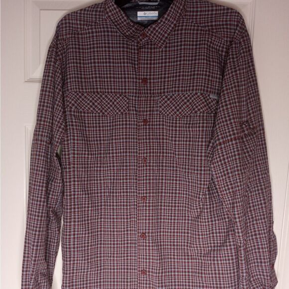 Columbia Omni Shade Sun Protection Mens Large GrayPlaid PocketsButton Up LngSlve - Picture 1 of 7